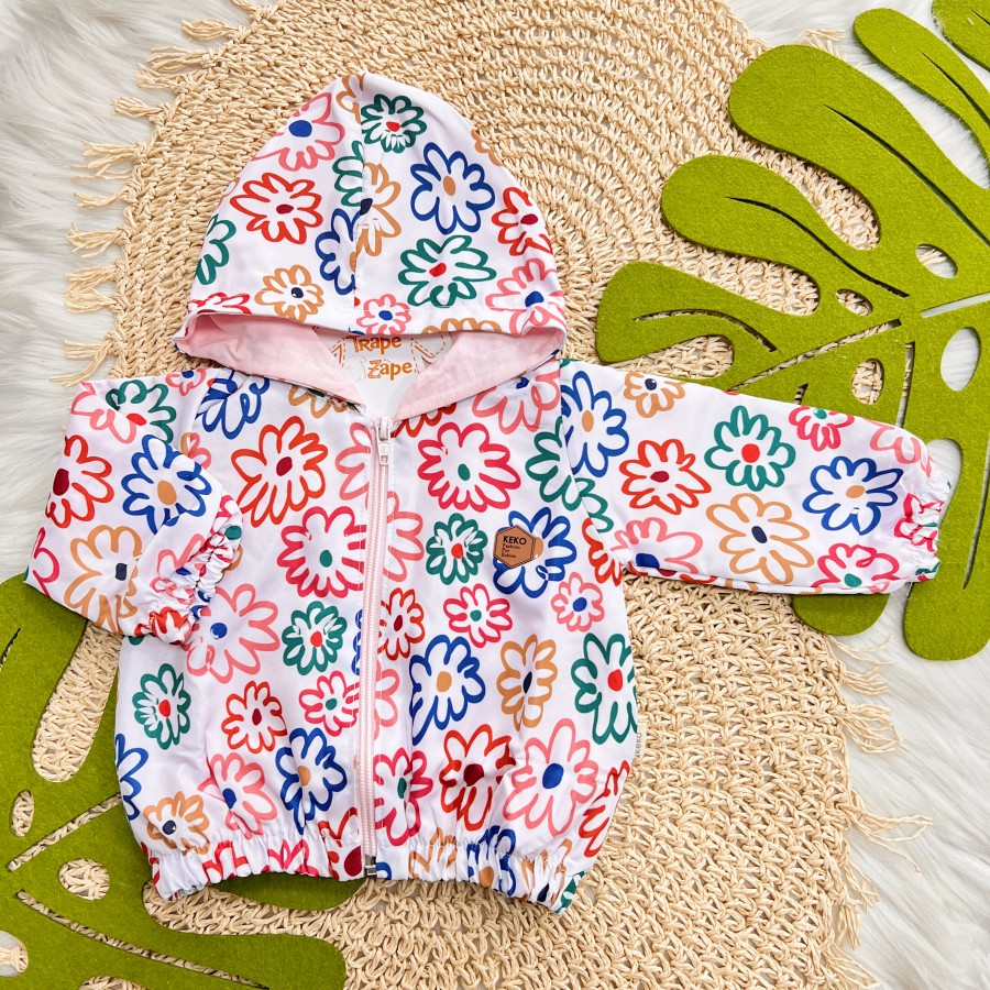 Inverno 2025 - Jaqueta Corta Vento Flowers Colors - Branco e Colorido